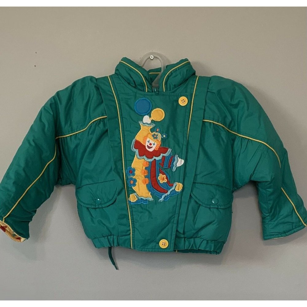 Toddler Winter Down Filled Hooded Jacket Green Clown Detail Size 2T  - Picture 2 of 6